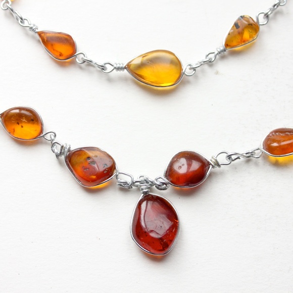 Vintage genuine amber gemstone necklace and bracelet wired set collier bracelet - Picture 4 of 13